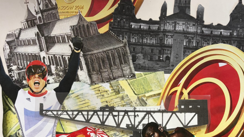 A colorful collage featuring Glasgow-themed imagery. In the foreground, a cyclist wearing a red helmet and a white Team GB jersey raises one fist in celebration with their mouth open in a triumphant shout. Behind them are detailed black-and-white illustrations of historic buildings, including a large cathedral and an ornate civic building. A black silhouette of a crane bridge spans the lower middle of the image, while part of another athlete's face appears at the bottom right. 