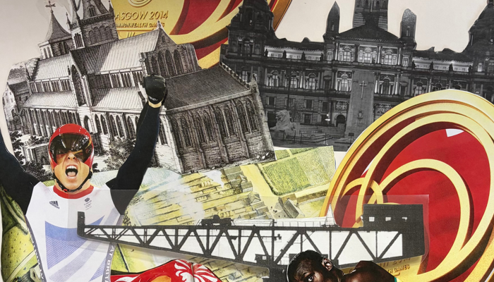 A colorful collage featuring Glasgow-themed imagery. In the foreground, a cyclist wearing a red helmet and a white Team GB jersey raises one fist in celebration with their mouth open in a triumphant shout. Behind them are detailed black-and-white illustrations of historic buildings, including a large cathedral and an ornate civic building. A black silhouette of a crane bridge spans the lower middle of the image, while part of another athlete's face appears at the bottom right. 