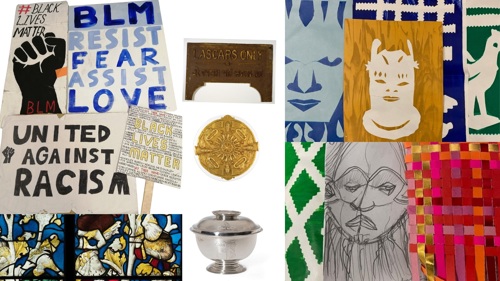 A collage of images showing Black Lives Matters signs, stained glass, a silver bowl, a metal sign reading Lascars Only, and pencil drawings of faces