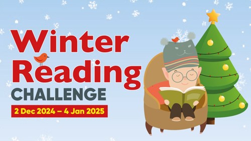 Illustration of a young person sitting on an armchair, reading a book next to a Christmas tree