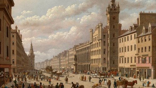 An old painting shows the Merchant City area of Glasgow in the 18th and 19th centuries