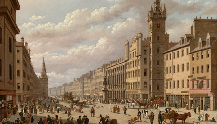 An old painting shows the Merchant City area of Glasgow in the 18th and 19th centuries