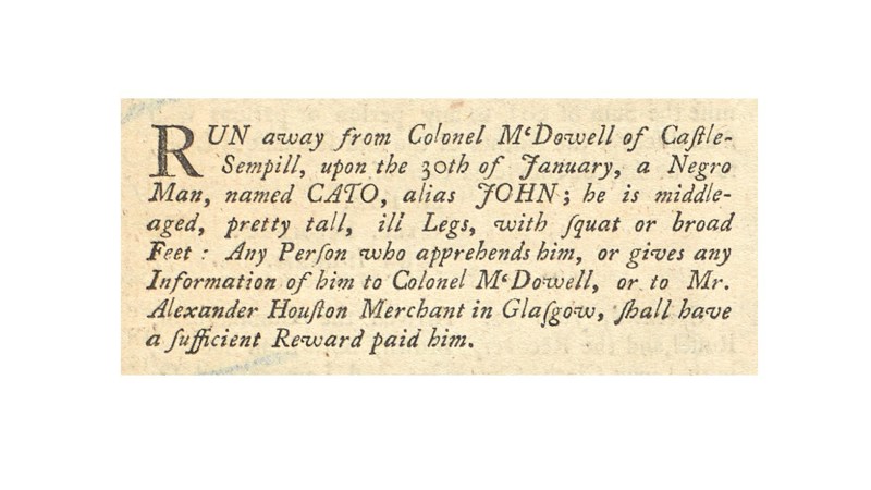 a newspaper cutting describing the wanted status of an escaped person named Cato