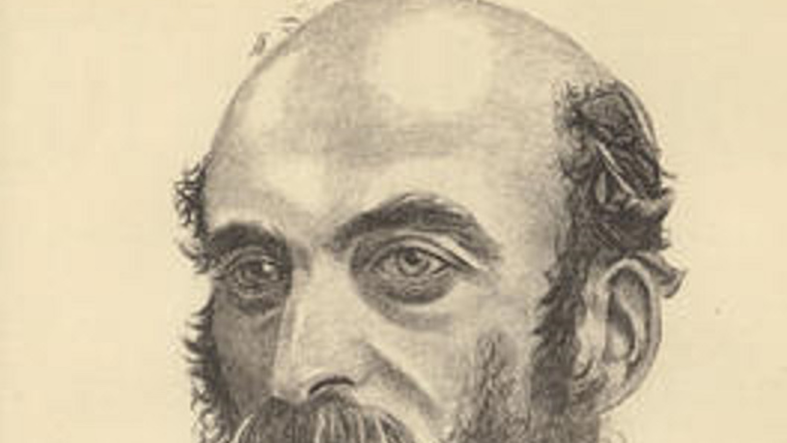 A pencil portrait of James Burn Russell with an oversized head and beard and a small body, wearing a suit and holding a written note.