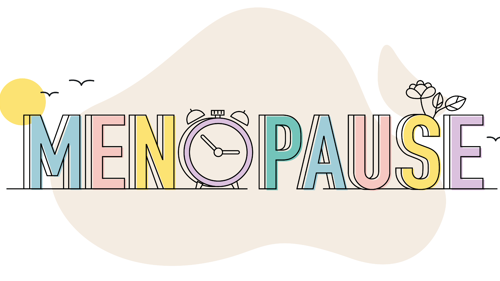 The word Menopause in pastel coloured letters. The letter O is an alarm clock
