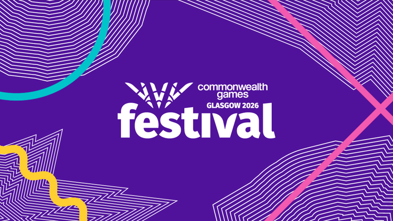 A purple graphic featuring the Commonwealth Games Glasgow 2026 Festival logo in white at the centre, surrounded by colourful wavy lines and geometric accents in pink, yellow, turquoise, and white